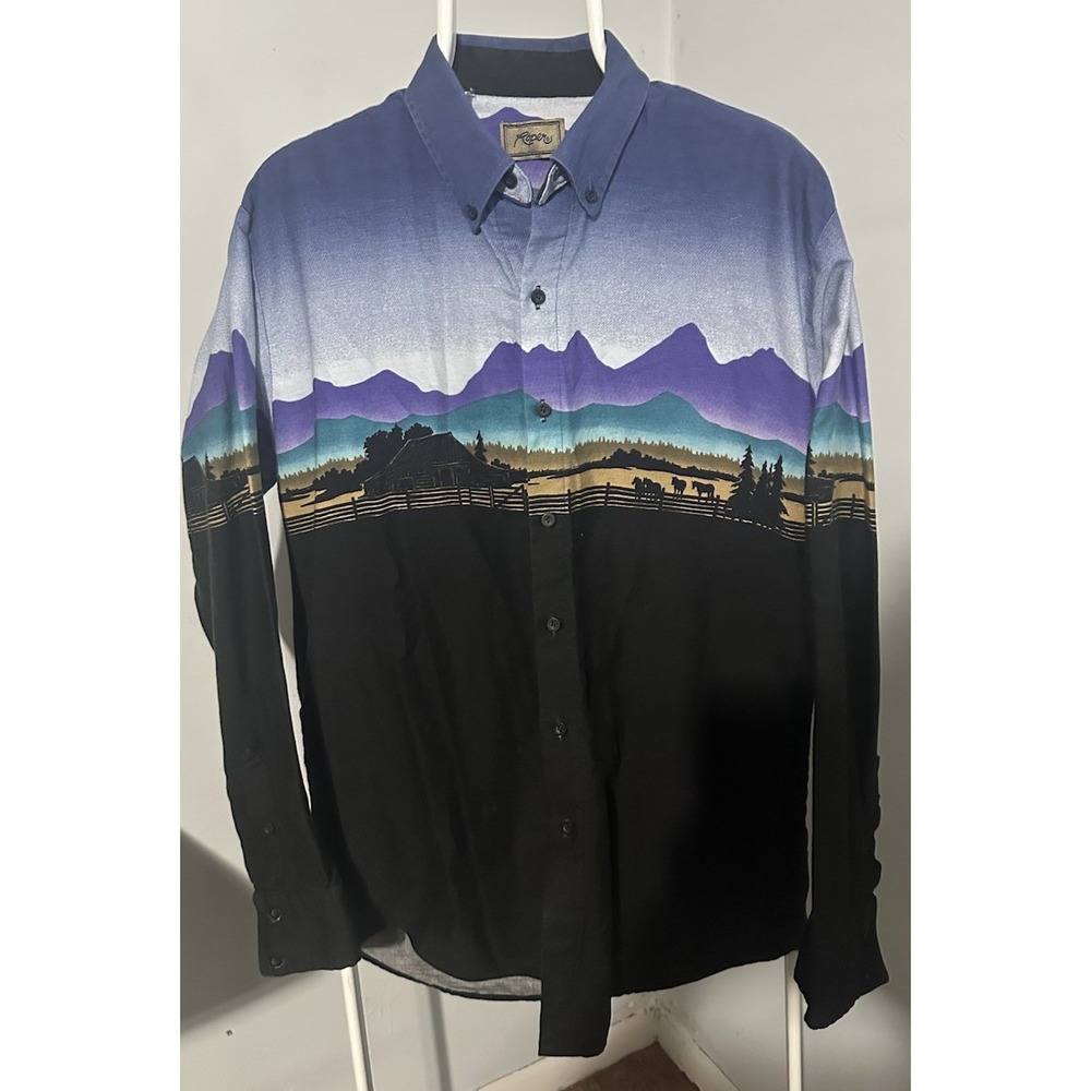 Vintage Ropers Moultan Mountain/Horses Mens Button Up Western Shirt Rodeo Sz Lg